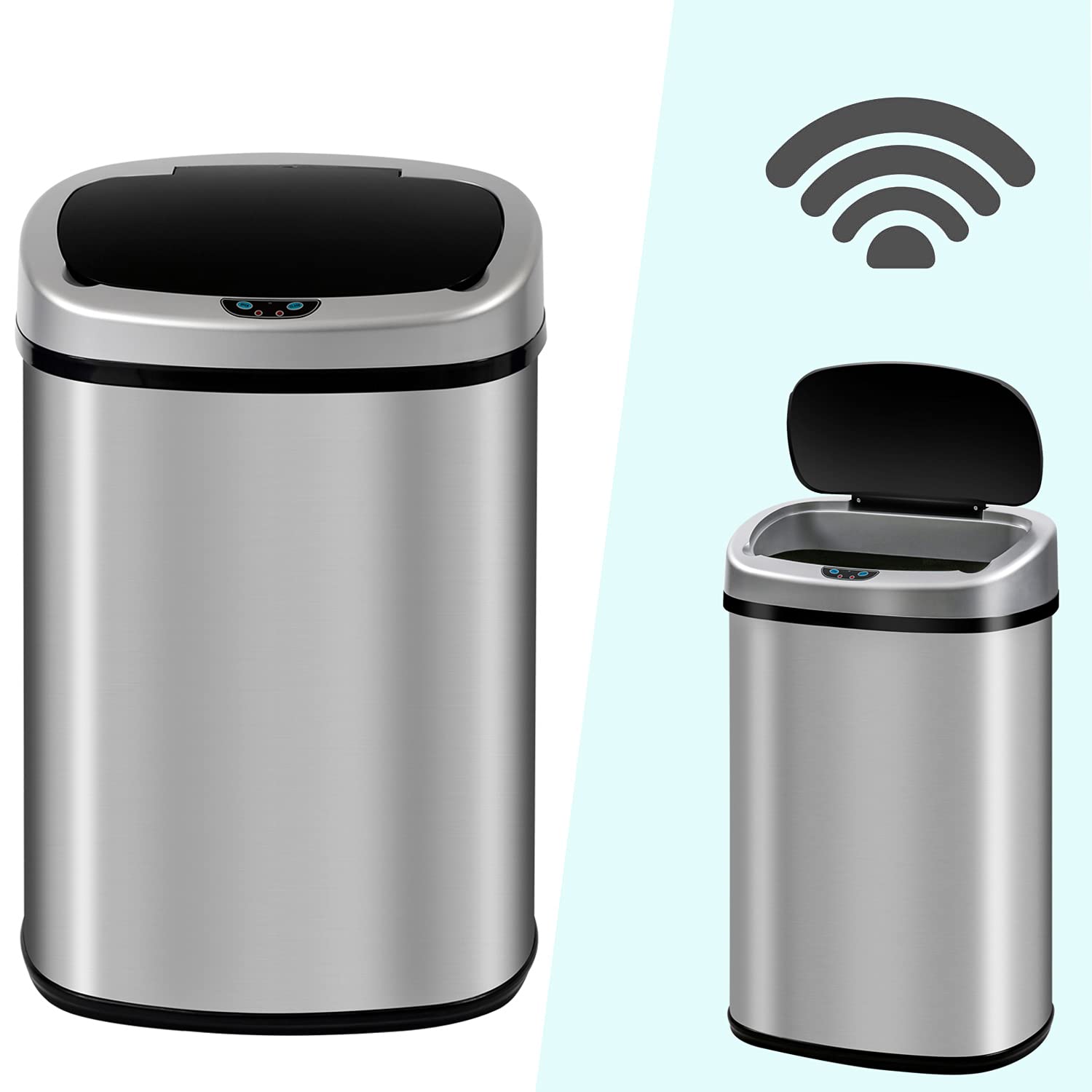 HGS Touch Free Trash Can Brushed Stainless Steel Garbage Cans Automatic Waste Bin 13 Gallon with Lid, Touchless Sensor Bins for Kitchen Bathroom Bedroom Home Office, 50L, Silver