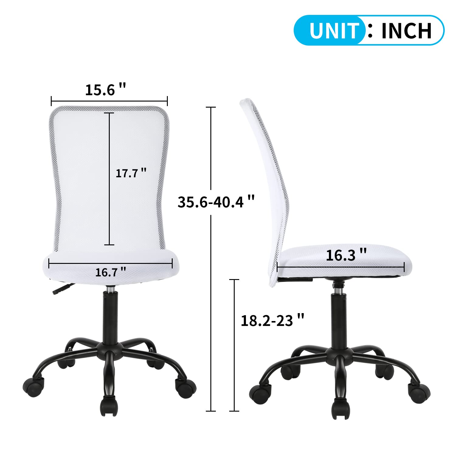 Armless Office Chair Ergonomic Desk Chair No Arms Mesh Computer Chair Adjustable Height Task Chair Rolling Swivel Chair Small Chair Executive Chair with Lumbar Support, White