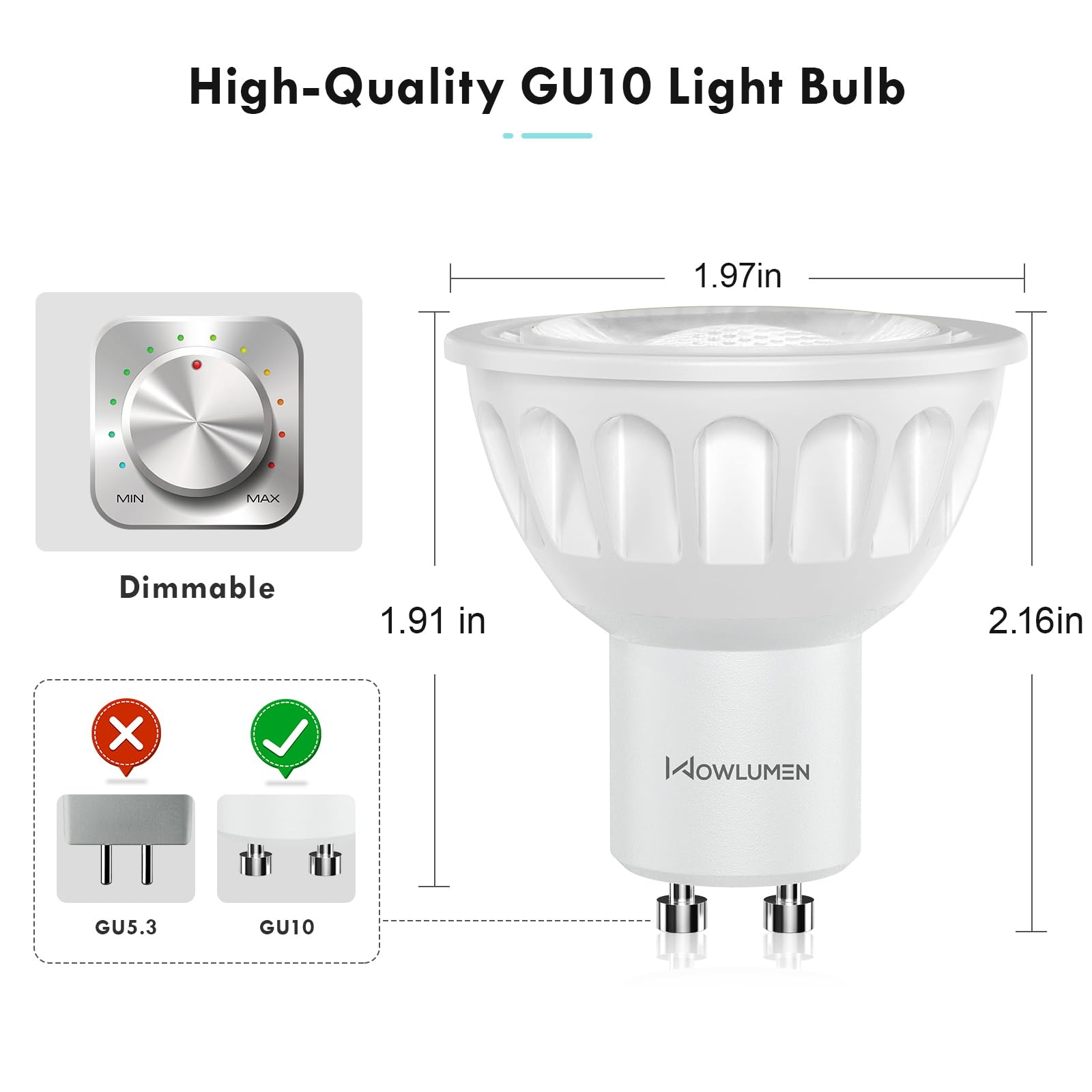 WOWLUMEN GU10 LED Light Bulbs, MR16 GU10 Base Bulb Replacement for Recessed Track Lighting, 5000K Daylight 5W 500LM 40° Spotlight for Kitchen, Range Hood, Living Room, Bedroom,6 Pack