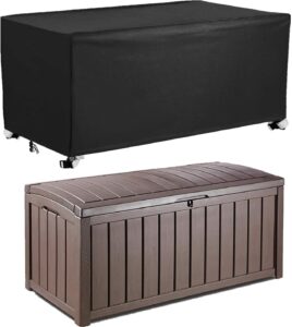 ucare deck box cover 420d outdoor patio waterproof oxford fabric coated with silver dustproof deck storage box protector with elastic buckles on all 4 corners wheels protect from wind rain snow black