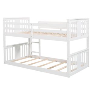 Twin Bunk Beds Low Bunk Bed Frame Wood Twin Over Twin Bunkbed for Kids Toddlers Boys Girls Bedroom, White