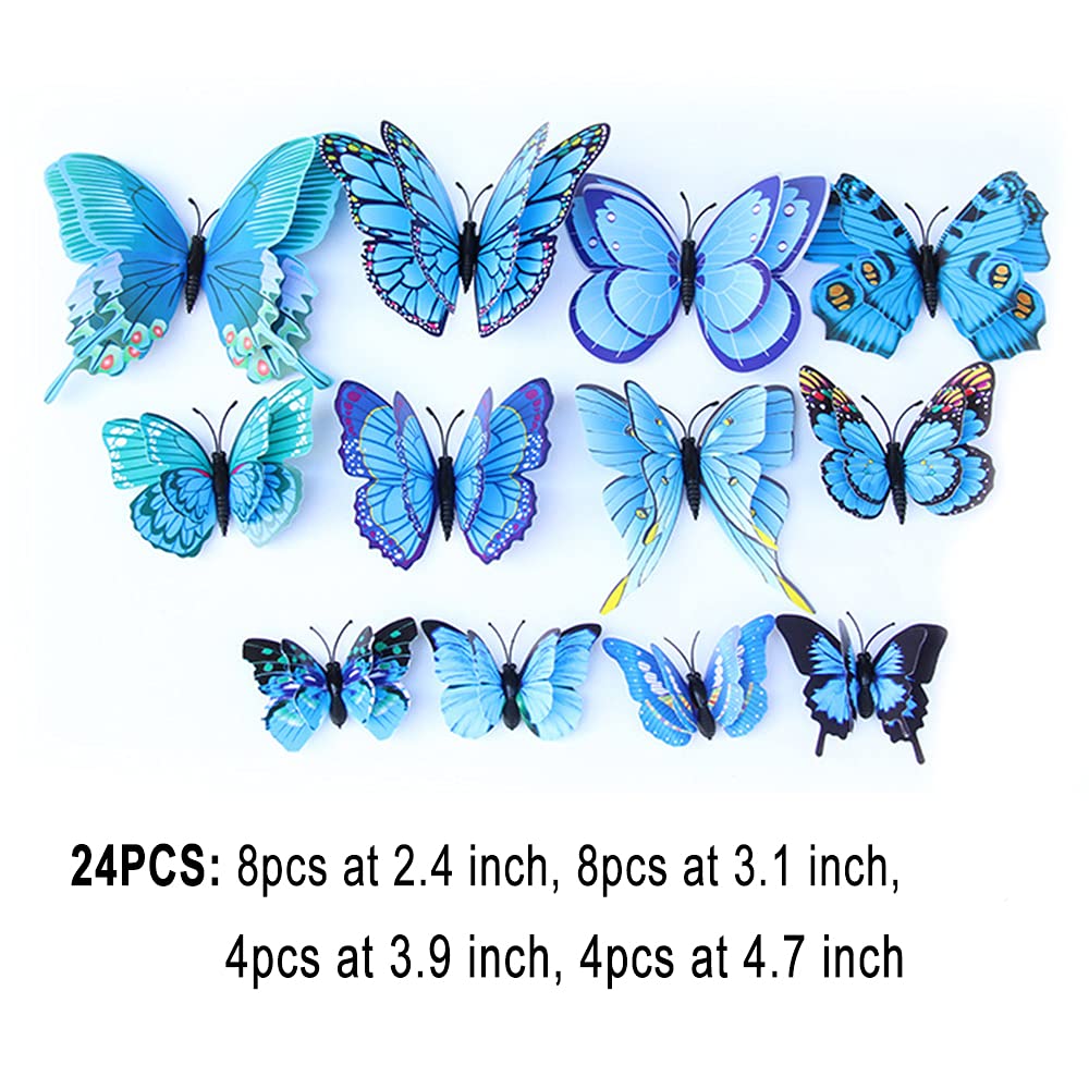 Blue Butterfly Decoration, BOPART 24Pcs Butterflies Wall Decor 3D Butterfly Decals Stickers, Magnetic Butterflies for Crafts (Mixed of 12 Styles at 4 Sizes in Double Wings)