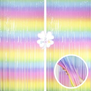 rainbow gradient foil fringe curtain - lilf 2 packs of 3.3ft x 8.3ft ombre tinsel streamers for bridal baby shower kids ice cream birthday party photo booth backdrop decoration props