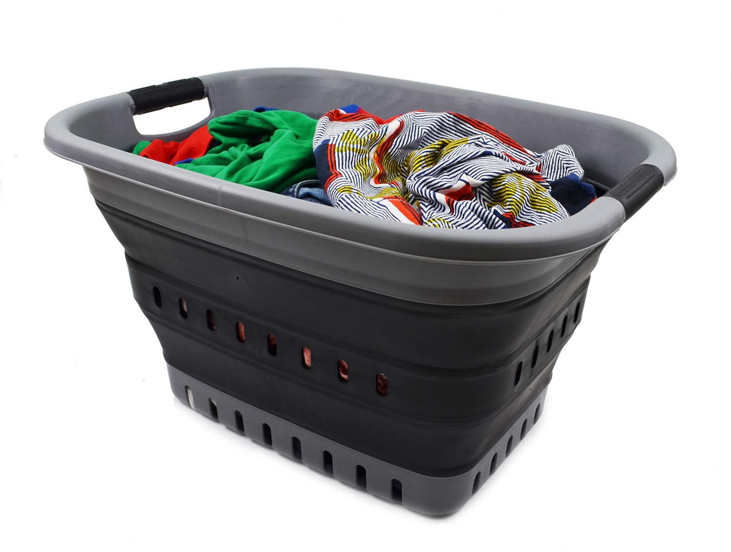 SAMMART 37L (9.77 gallon) Collapsible Plastic Laundry Basket - Foldable Pop Up Storage Container/Organizer - Portable Washing Tub - Space Saving Hamper/Basket (2, Grey/Black)