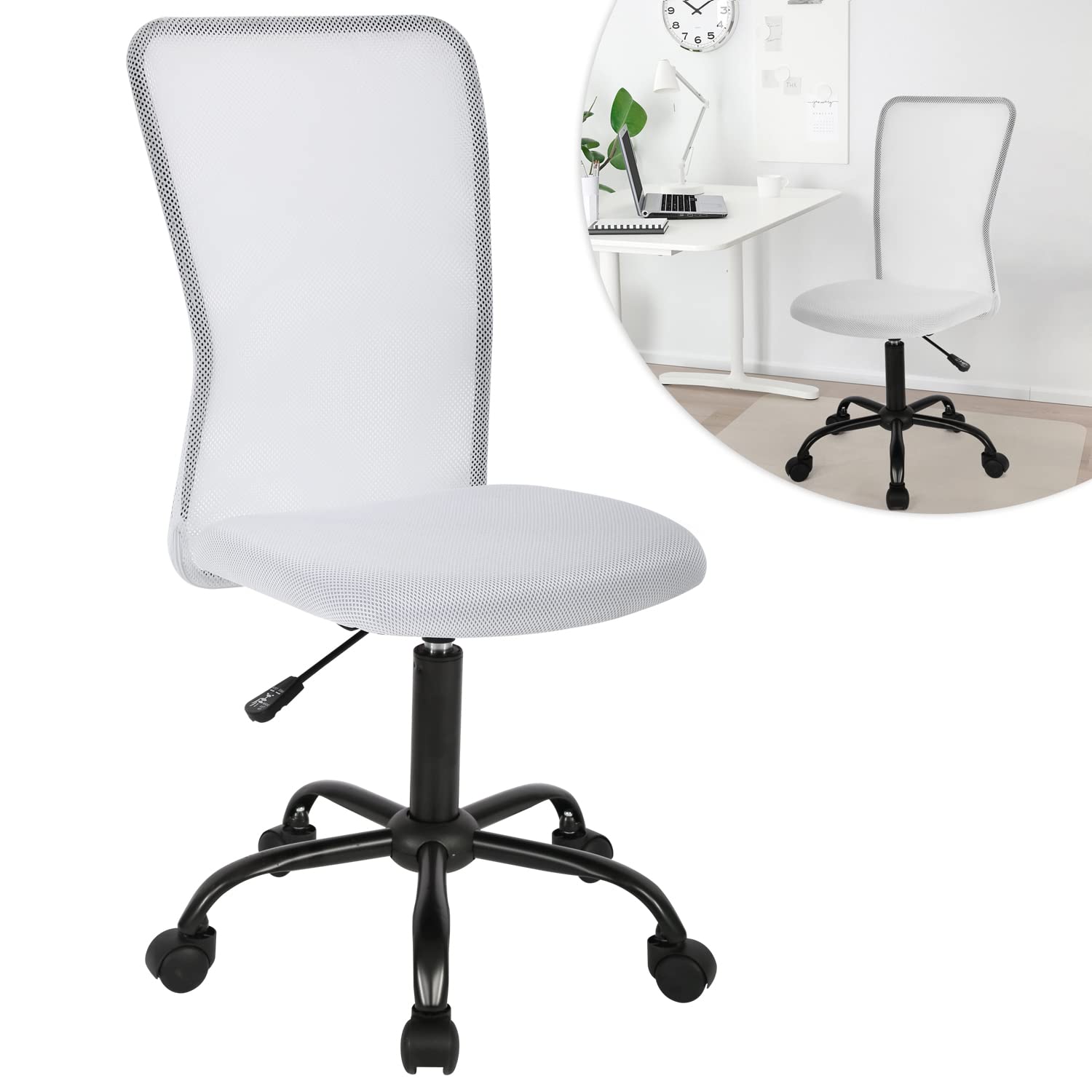 Armless Office Chair Ergonomic Desk Chair No Arms Mesh Computer Chair Adjustable Height Task Chair Rolling Swivel Chair Small Chair Executive Chair with Lumbar Support, White