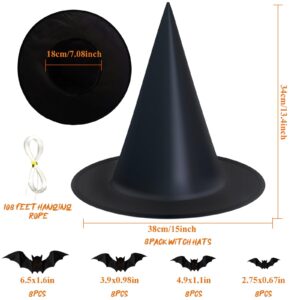 Dokeawo Witch hats 8 Pack Halloween Witches Hat with 108 Feet Hanging Rope & 32Pcs 3D Bats, Hanging Witch Hats Halloween Decor Witches Costume Accessory for Halloween Party Favor