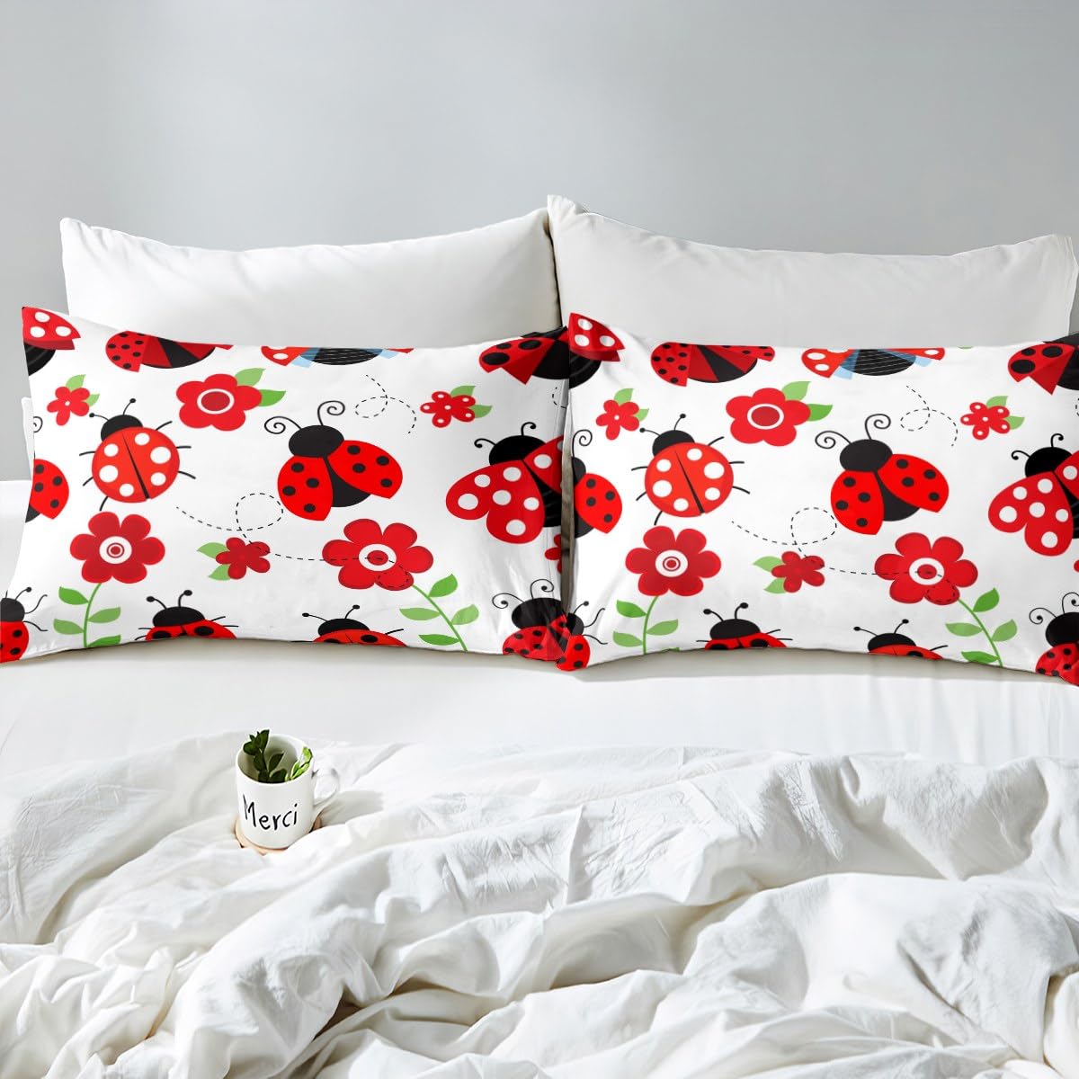 Castle Fairy Ladybug Bed Sheets Kids Boys Red Floral and Animal Sheet Set 3 Pcs Child Cute Bug Sheets Set + Deep Pocket Fitted Sheets + Entomology Flat Sheet 1 Pillow Sham,Twin Size