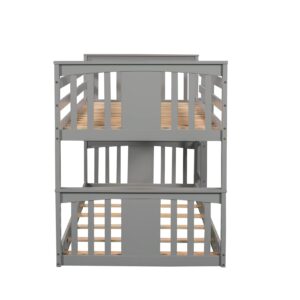 Twin Bunk Beds Low Bunk Bed Frame Wood Twin Over Twin Bunkbed for Kids Toddlers Boys Girls Bedroom, Gray