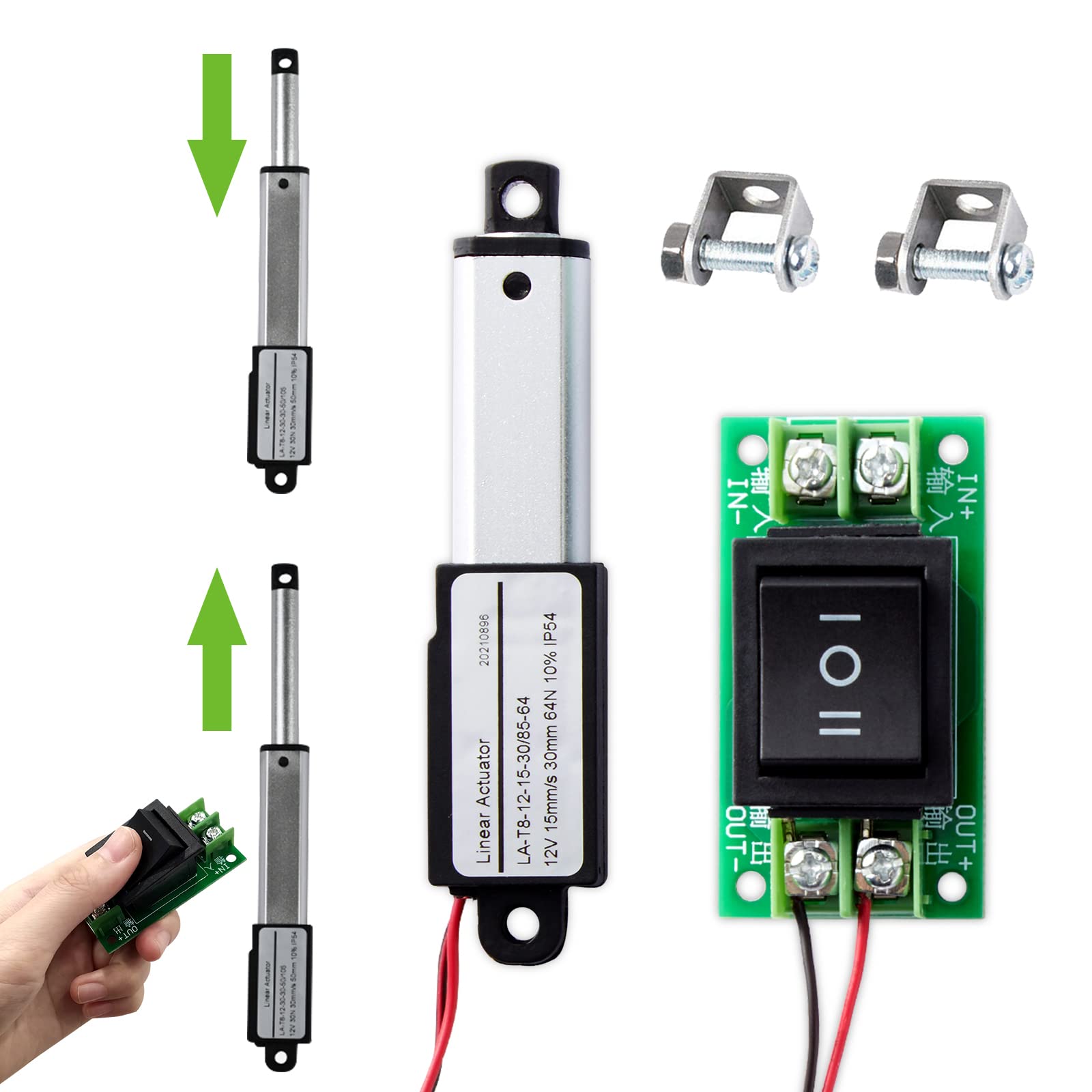 Micro Linear Actuator with Controller, 1.2" Stroke Small Electric Motion Actuator 12V DC, 64N/14.4lb, Speed 0.6inch/s, w/Mounting Brackets, Rocker Switches, for Sofa Recliner TV Table Cabinet Window