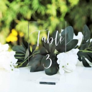 UNIQOOO Acrylic Wedding Table Numbers 1-15 with Stands | 4x6 inch Printed Calligraphy, Clear Table Number Signs and Holders | Perfect for Wedding Reception, Centerpiece Decoration, Event, Party