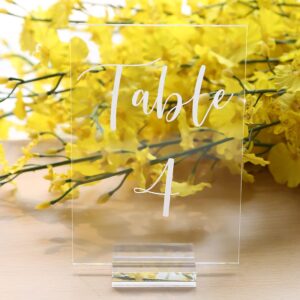 UNIQOOO Acrylic Wedding Table Numbers 1-15 with Stands | 4x6 inch Printed Calligraphy, Clear Table Number Signs and Holders | Perfect for Wedding Reception, Centerpiece Decoration, Event, Party