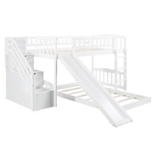 Harper & Bright Designs Twin Over Twin Bunk Beds with Slide and Stair, Solid Wood Low Bunk Bed with Storage Drawers and Guardrails for Kids Teens Bedroom, Guest Room Furniture (No Box Spring, White)