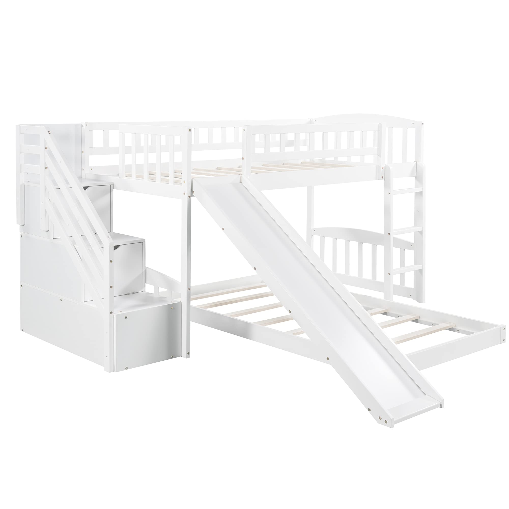 Harper & Bright Designs Twin Over Twin Bunk Beds with Slide and Stair, Solid Wood Low Bunk Bed with Storage Drawers and Guardrails for Kids Teens Bedroom, Guest Room Furniture (No Box Spring, White)