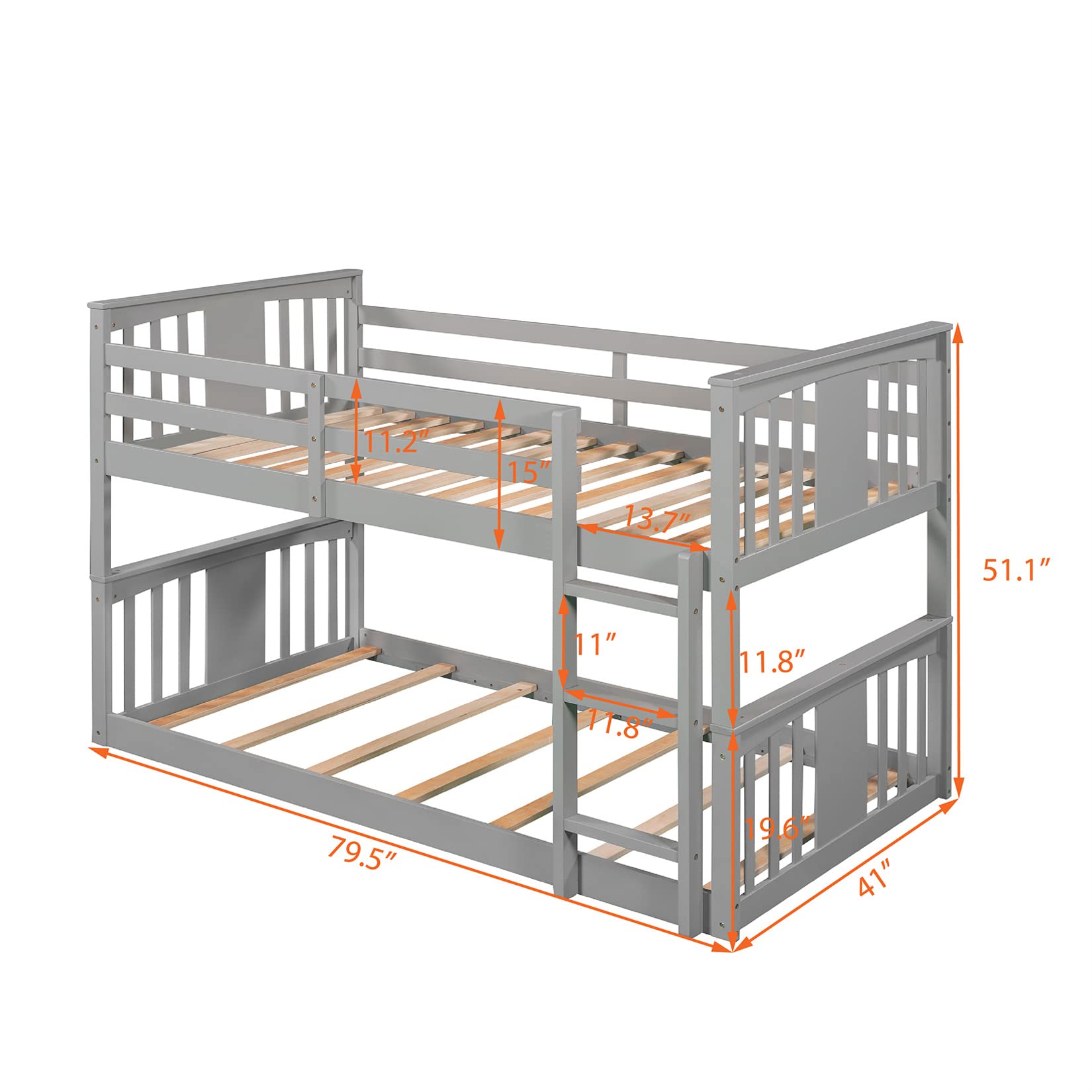 Twin Bunk Beds Low Bunk Bed Frame Wood Twin Over Twin Bunkbed for Kids Toddlers Boys Girls Bedroom, Gray