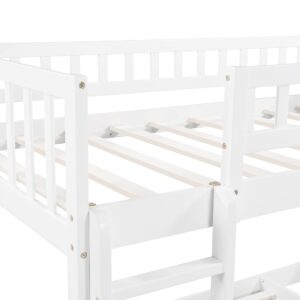 Harper & Bright Designs Twin Over Twin Bunk Beds with Slide and Stair, Solid Wood Low Bunk Bed with Storage Drawers and Guardrails for Kids Teens Bedroom, Guest Room Furniture (No Box Spring, White)