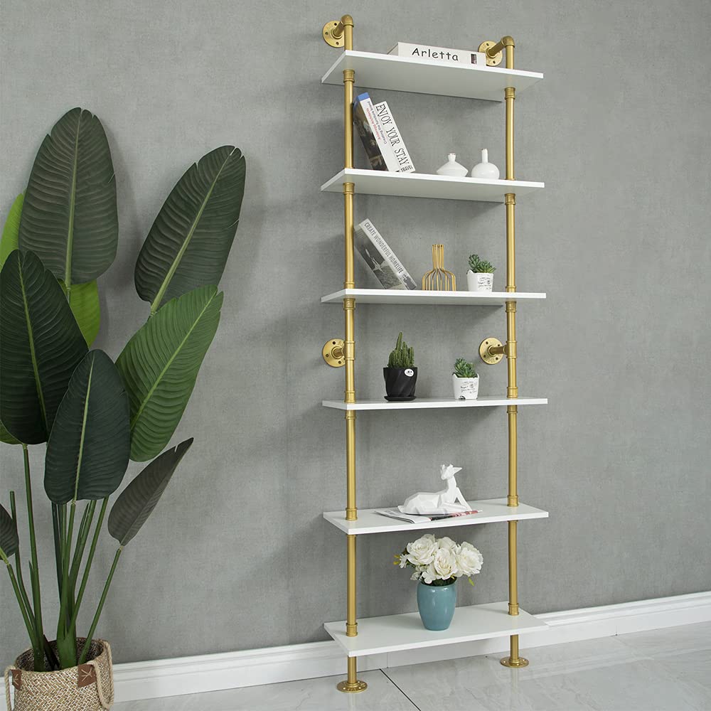 HEONITURE Industrial Gold Bookshelf-6 Tier Wall Mounted Ladder Bookshelf, Rustic Gold Storage Book Shelves Display Bookcases for Living Room/Home/Office