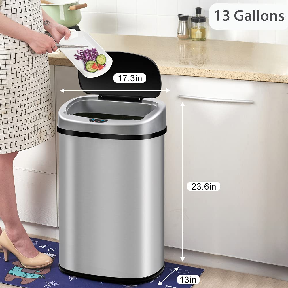 HGS Touch Free Trash Can Brushed Stainless Steel Garbage Cans Automatic Waste Bin 13 Gallon with Lid, Touchless Sensor Bins for Kitchen Bathroom Bedroom Home Office, 50L, Silver