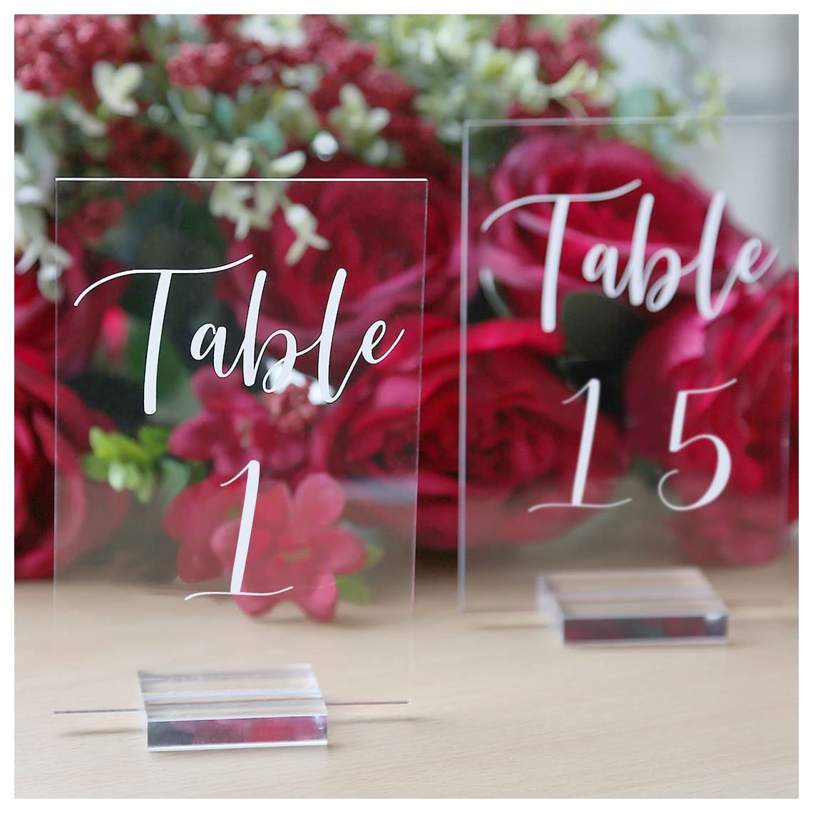 UNIQOOO Acrylic Wedding Table Numbers 1-15 with Stands | 4x6 inch Printed Calligraphy, Clear Table Number Signs and Holders | Perfect for Wedding Reception, Centerpiece Decoration, Event, Party