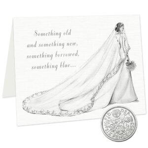 old sixpence coin and wedding card for bride, something old, something new, something borrowed, something blue, and a sixpence for her shoe. (1954~1967)