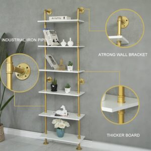 HEONITURE Industrial Gold Bookshelf-6 Tier Wall Mounted Ladder Bookshelf, Rustic Gold Storage Book Shelves Display Bookcases for Living Room/Home/Office