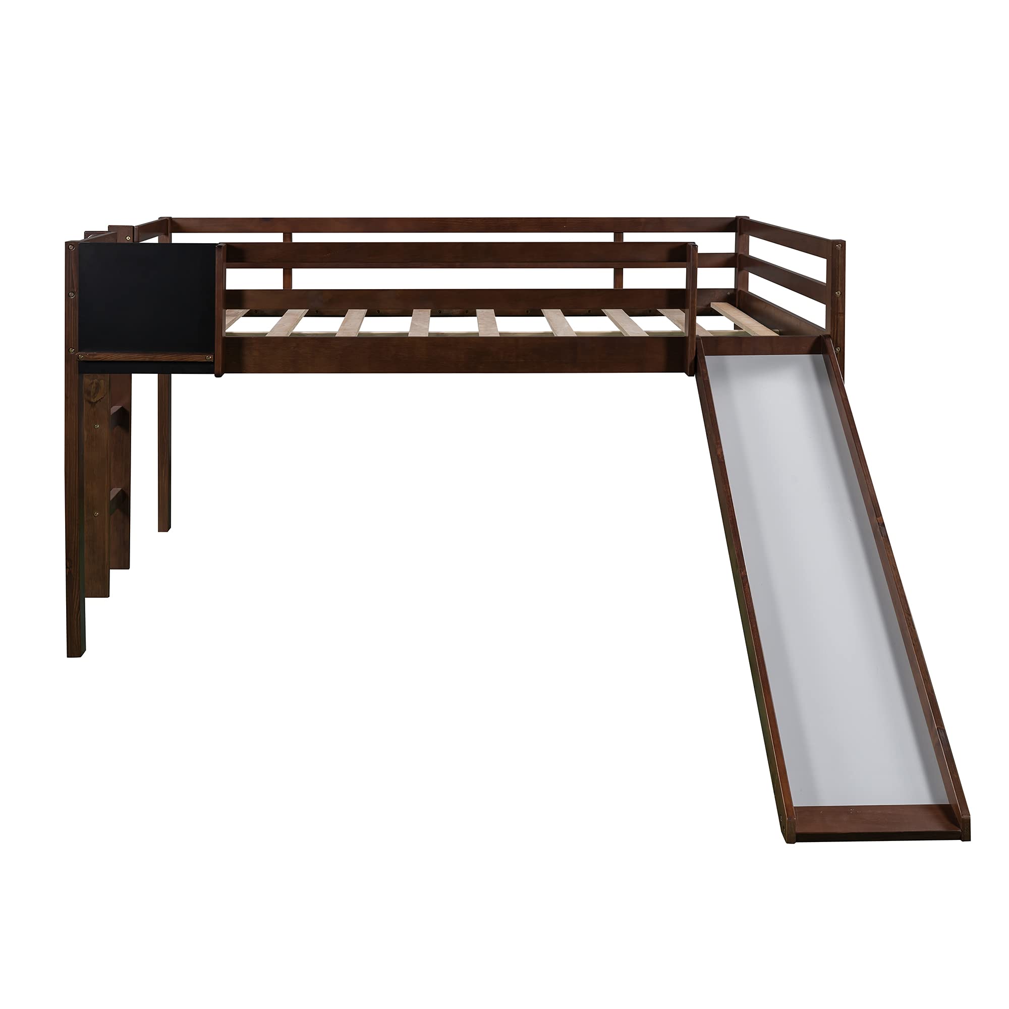 Full Size Loft Bed with Slide, Kids Low Loft Bed Frame with Chalkboard for Boys & Girls, Wood Full Slide Loft Bed with Under-Bed Space Storage (Walnut, Full)