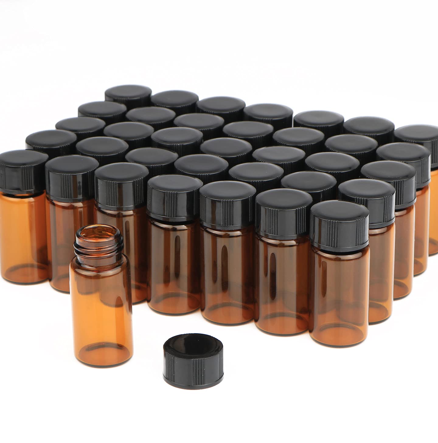 USRommaner 50 Pack,5ml (1/6 oz) Amber Glass Essential Oil Bottle with Screw Caps,Empty Refillable Travel Glass Liquid Sample Vial Preservation Storage Vials Test Container-FREE Funnel&Dropper