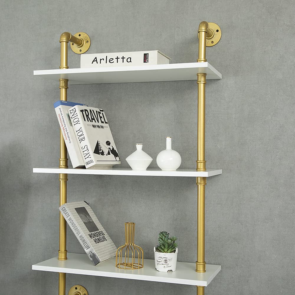 HEONITURE Industrial Gold Bookshelf-6 Tier Wall Mounted Ladder Bookshelf, Rustic Gold Storage Book Shelves Display Bookcases for Living Room/Home/Office