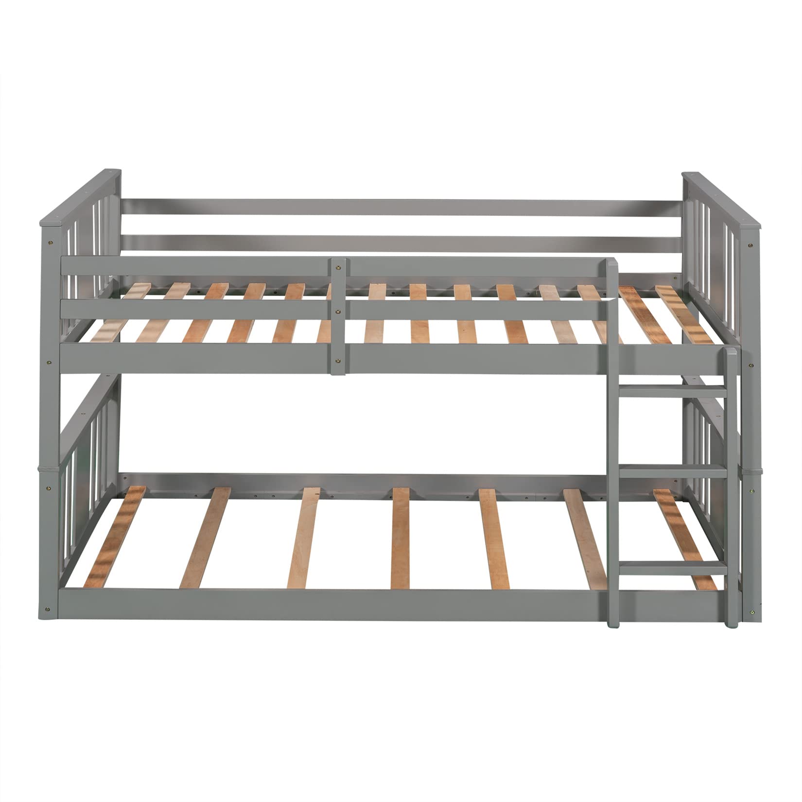 Twin Bunk Beds Low Bunk Bed Frame Wood Twin Over Twin Bunkbed for Kids Toddlers Boys Girls Bedroom, Gray