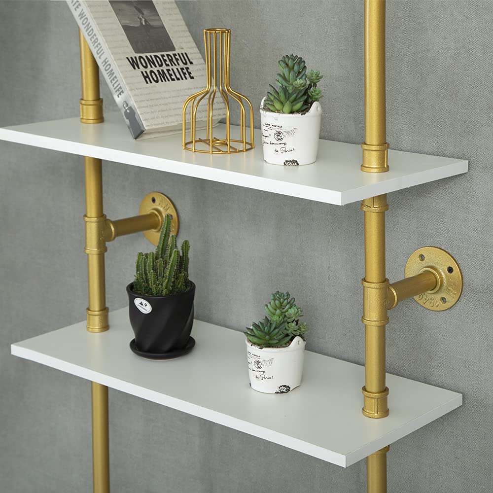 HEONITURE Industrial Gold Bookshelf-6 Tier Wall Mounted Ladder Bookshelf, Rustic Gold Storage Book Shelves Display Bookcases for Living Room/Home/Office