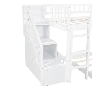 Harper & Bright Designs Twin Over Twin Bunk Beds with Slide and Stair, Solid Wood Low Bunk Bed with Storage Drawers and Guardrails for Kids Teens Bedroom, Guest Room Furniture (No Box Spring, White)