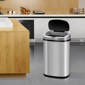 HGS Touch Free Trash Can Brushed Stainless Steel Garbage Cans Automatic Waste Bin 13 Gallon with Lid, Touchless Sensor Bins for Kitchen Bathroom Bedroom Home Office, 50L, Silver