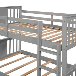 Twin Bunk Beds Low Bunk Bed Frame Wood Twin Over Twin Bunkbed for Kids Toddlers Boys Girls Bedroom, Gray