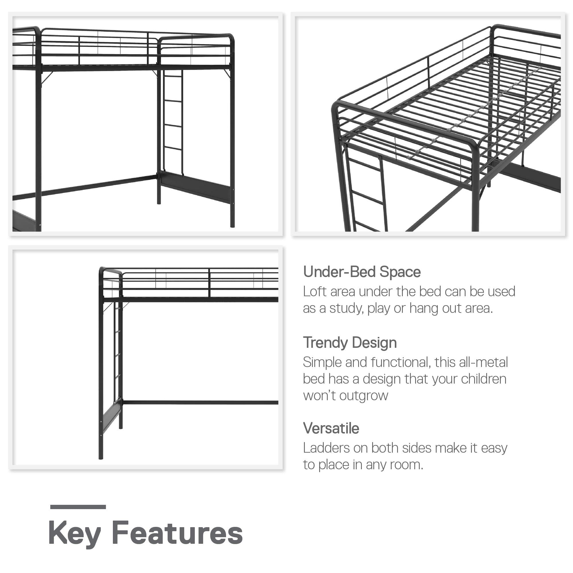 REALROOMS Colten Kid's Metal Loft Bed, Underbed Desk and Gaming Area, Two-Sided Ladder, Twin, Black