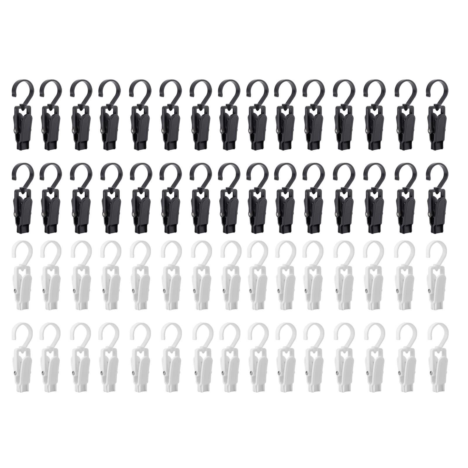 Frcctre 60 Pack Laundry Hooks Clip, 4.3" Super Strong Plastic Swivel Hanging Clothes Pins Curtain Clips, 360°Rotating Family Travel Hook for Drying Clothes Hat Towel Sock Gloves, Black and White