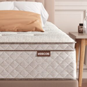 kescas 12 inch memory foam hybrid queen mattress - knitted fabric cover with linen - heavier coils for durable support - pocket innersprings for motion isolation - pressure relieving - medium firm