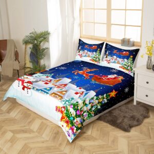 Manfei Christmas Duvet Cover Set Queen Size, Snowman Xmas Tree Print Comforter Cover Santa Claus with Reindeer Bedding Set 3pcs for Kids Girls New Year Theme Bedspread Cover,2 Pillowcases,No Comforter