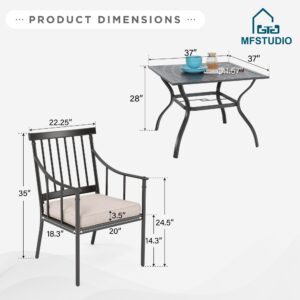 MFSTUDIO 5 Pieces Metal Patio Dining Set, Outdoor Furniture Set with 1 x Square Metal Table and 4 x High-Back Arm Chairs with Cushion (Black)