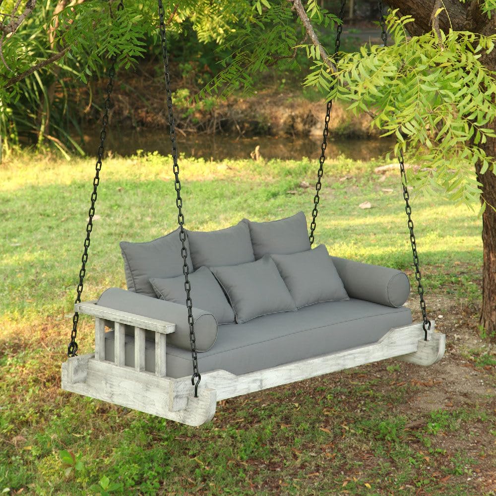 Ash & Ember Grade A Teak Twin Sized Porch Swing with Chain, 75" Wide Antique Finish Teak Wood Bed Frame with Grey Cushions, Weather-Resistant Backyard Benches Swings and Patio Furniture