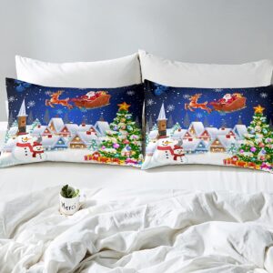 Manfei Christmas Duvet Cover Set Queen Size, Snowman Xmas Tree Print Comforter Cover Santa Claus with Reindeer Bedding Set 3pcs for Kids Girls New Year Theme Bedspread Cover,2 Pillowcases,No Comforter