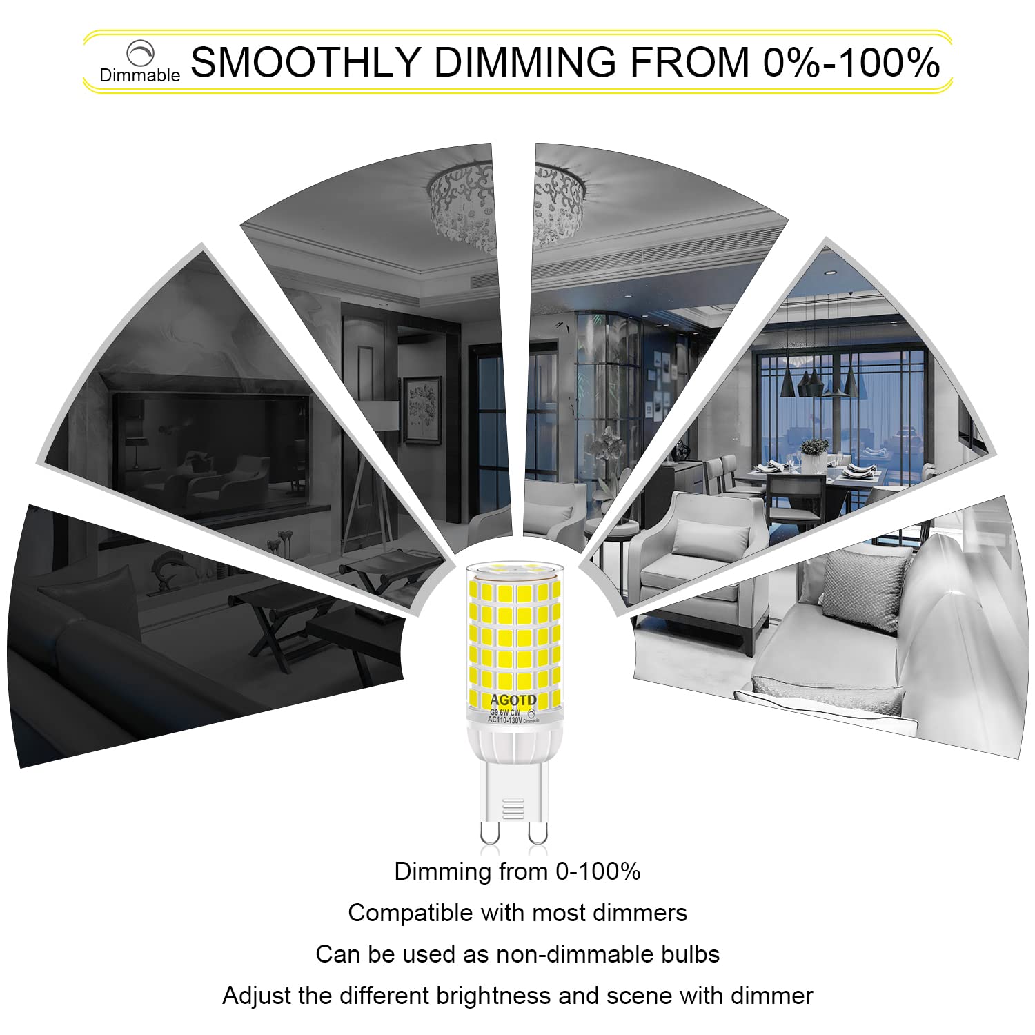 AGOTD G9 LED Bulb 6W, Dimmable Daylight White 6000K, 658LM LED Light Bulb, T4 40W 50W 60W Halogen Replacement G9 Bi Pin Base, No-Flicker, Chandelier Lighting, 5 Pack