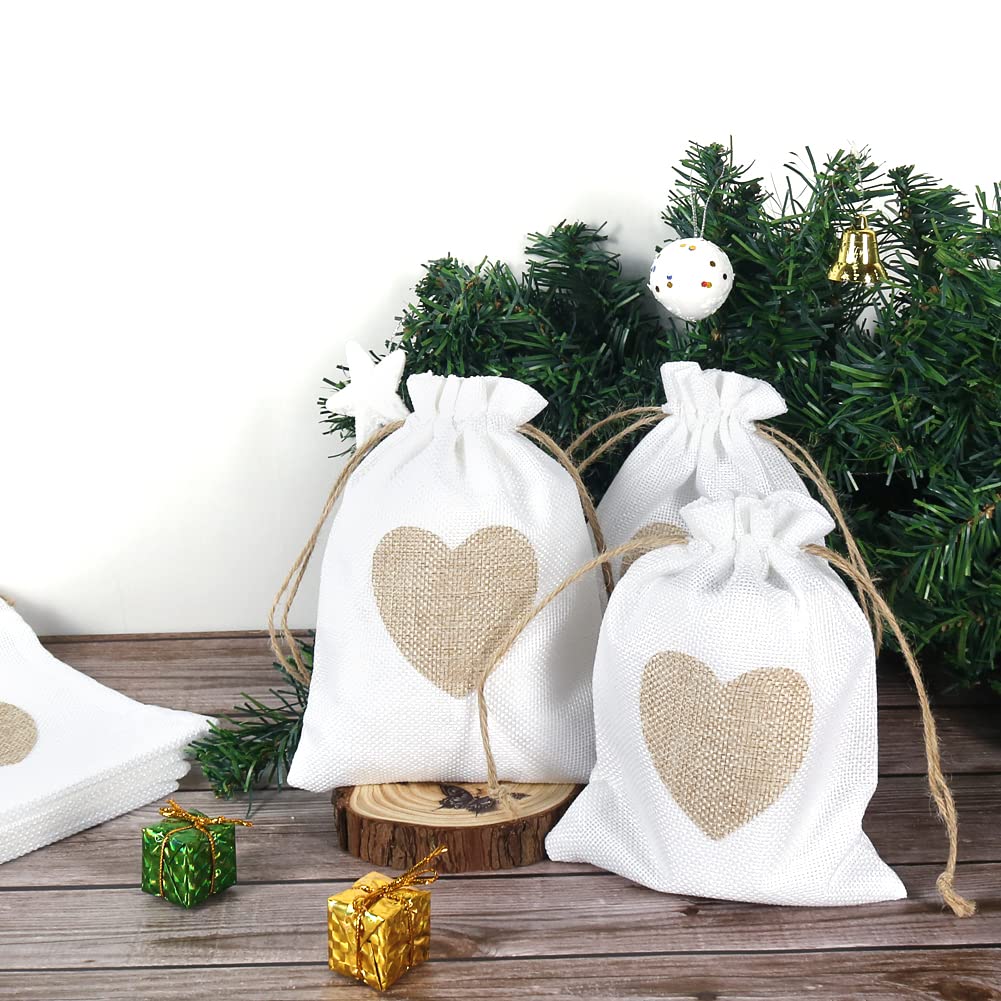 20 Pieces Burlap Bags, 5x7 Inch Drawstring Gift Bags with Heart Hessian Jute Bags Jewelry Candy Pouches for Wedding, Baby Shower and Christmas Party Favors DIY Craft (White)