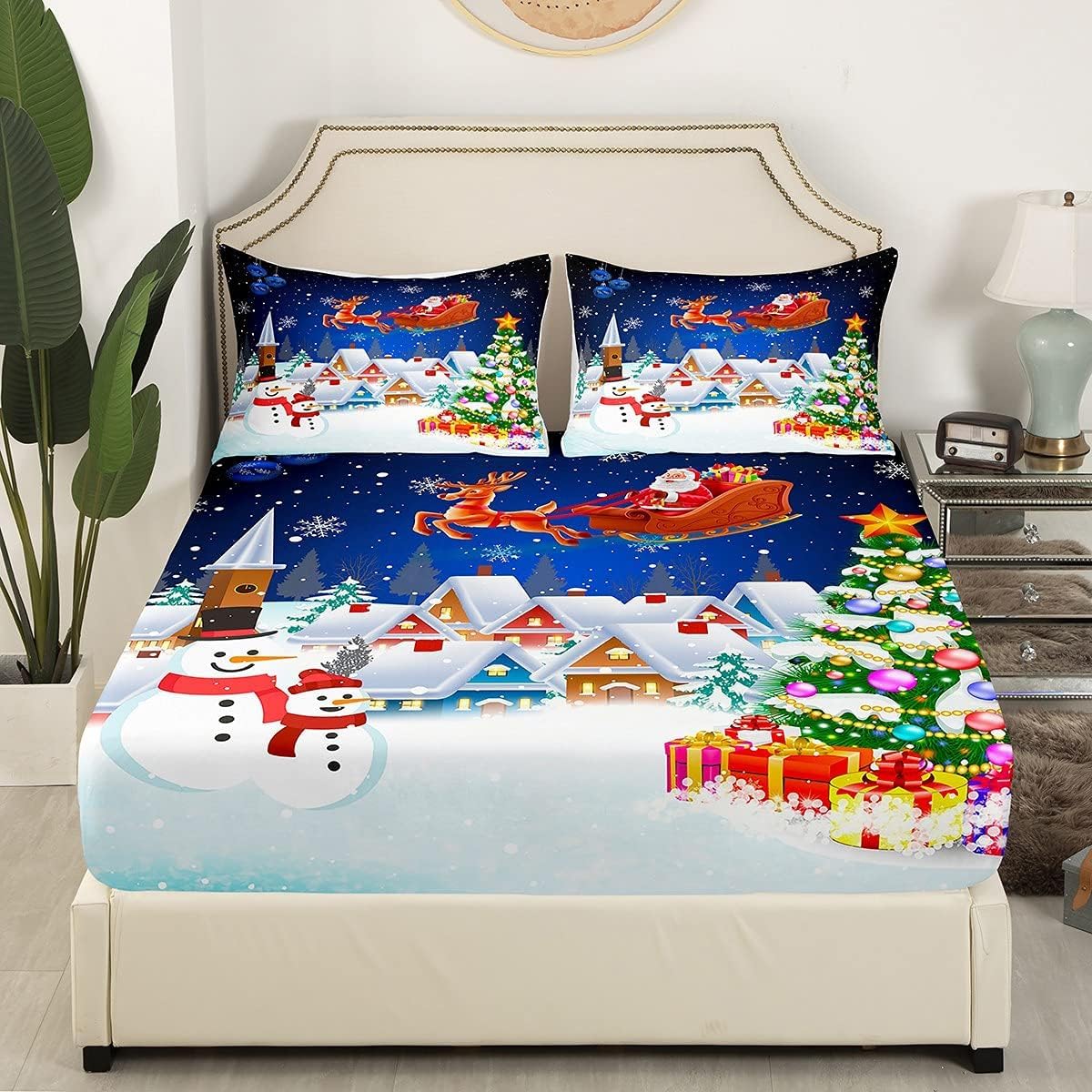 Manfei Christmas Sheet Set Full Size Snowman Christmas Tree Print Bed Sheet Set 4pcs with Deep Pocket Fitted Sheet + Flat Sheet + 2 Pillowcases Santa Claus with Reindeer Bedding Set for Kids Girls