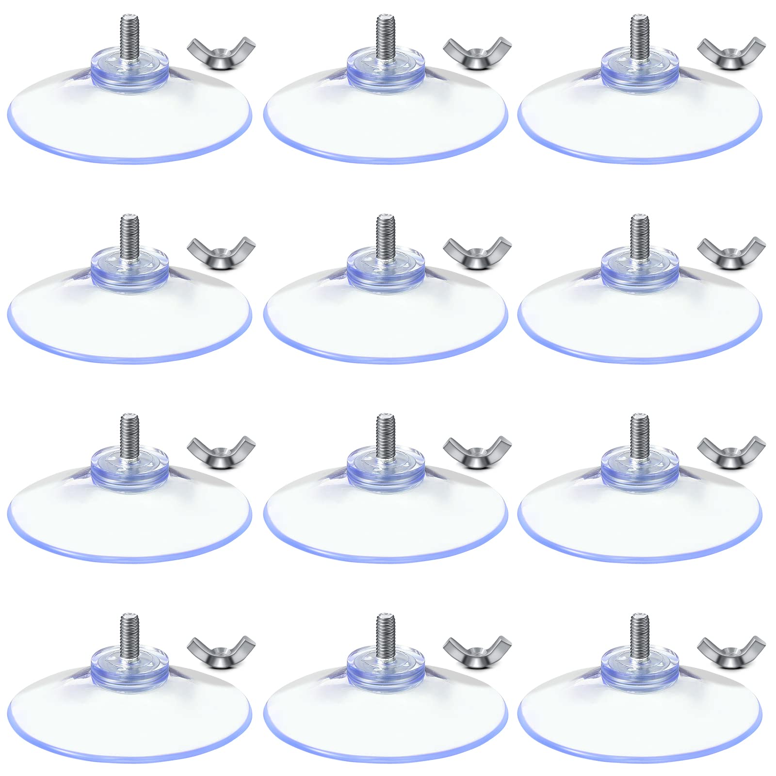 Quzzil Suction Cups with Screws 4 mm Thread Transparent PVC Suction Cup with Screw Hook 2 Inch Diameter Butterfly Wing Nut Clear Sucker Suction Cup with Cap for Kitchens Offices Bathroom (12 Sets)