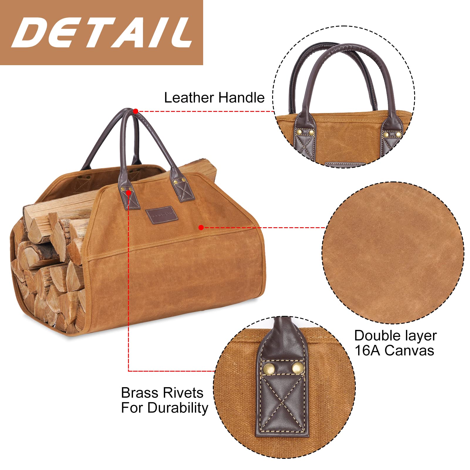 G GOOD GAIN Firewood Carrier Waxed Canvas with Leather Handles, Wood Carrier for Firewood, 36x18.5 in Heavy Duty Firewood Storage Tote, Fireplace Log Carrier Indoor Bag, Wood Stove Accessories. Khaki