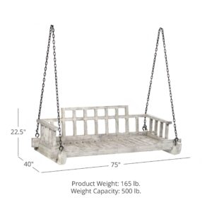 Ash & Ember Grade A Teak Twin Sized Porch Swing with Chain, 75" Wide Antique Finish Teak Wood Bed Frame with Grey Cushions, Weather-Resistant Backyard Benches Swings and Patio Furniture