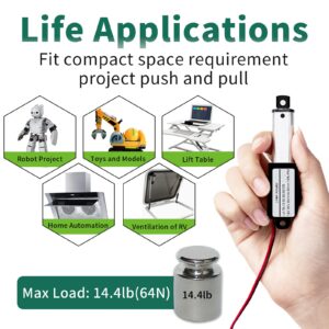 Micro Linear Actuator with Controller, 1.2" Stroke Small Electric Motion Actuator 12V DC, 64N/14.4lb, Speed 0.6inch/s, w/Mounting Brackets, Rocker Switches, for Sofa Recliner TV Table Cabinet Window