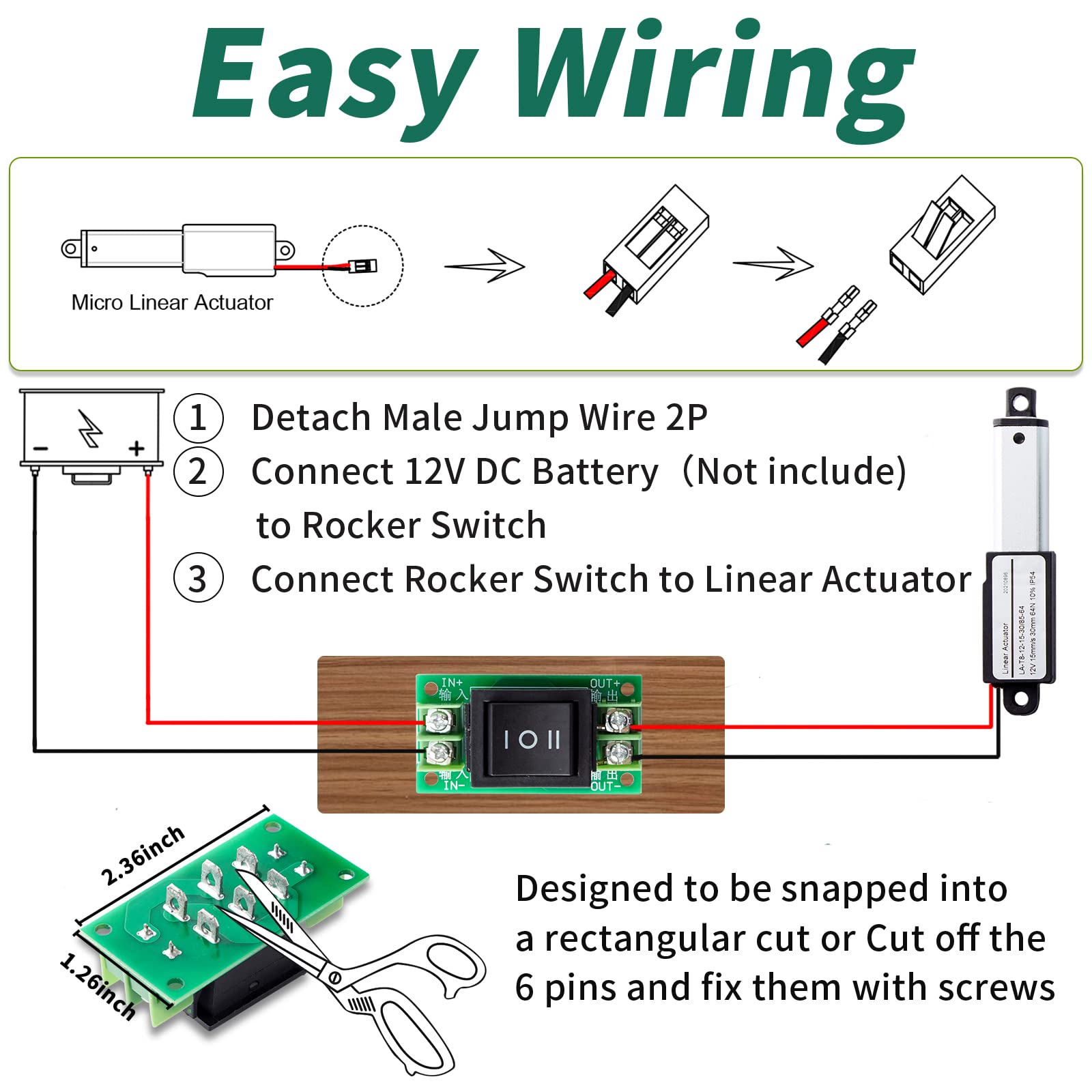 Micro Linear Actuator with Controller, 1.2" Stroke Small Electric Motion Actuator 12V DC, 64N/14.4lb, Speed 0.6inch/s, w/Mounting Brackets, Rocker Switches, for Sofa Recliner TV Table Cabinet Window