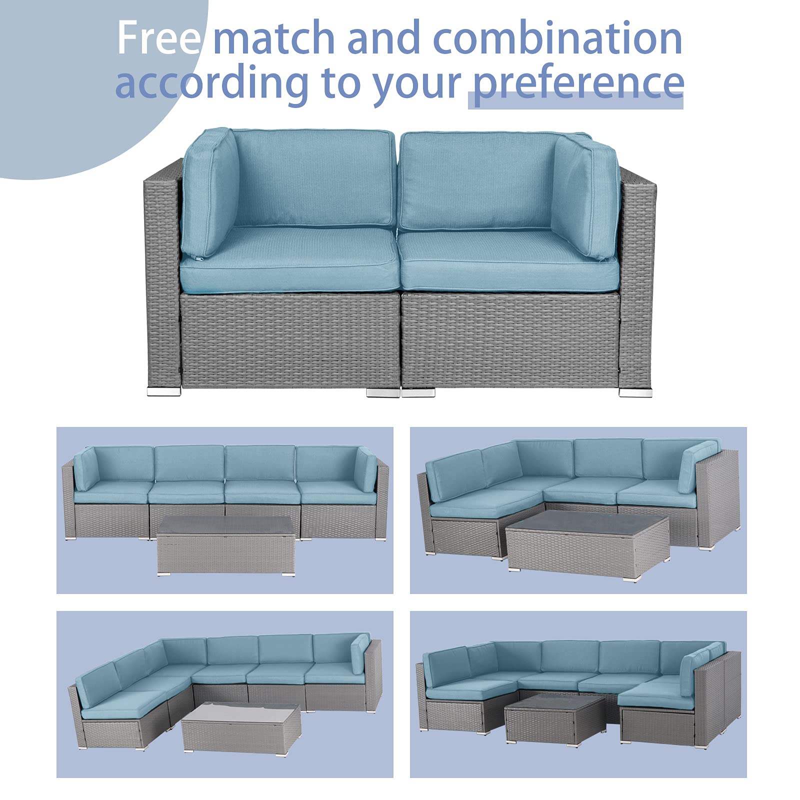 Patiomore 2 Pieces Outdoor Wicker Loveseat, Patio Rattan Sectional Furniture Corner Sofa Set All-Weather Grey Wicker with Removable Cushions for Balcony, Backyard, Garden (Sky Blue)