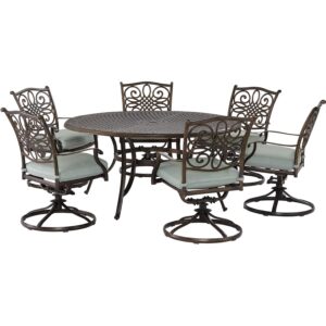 hanover renditions 7 piece outdoor dining set with sunbrella® fabric and elegant 60" round patio table with 6 comfortable swivel chairs and rust, uv, and weather-resistant aluminum frames in mist