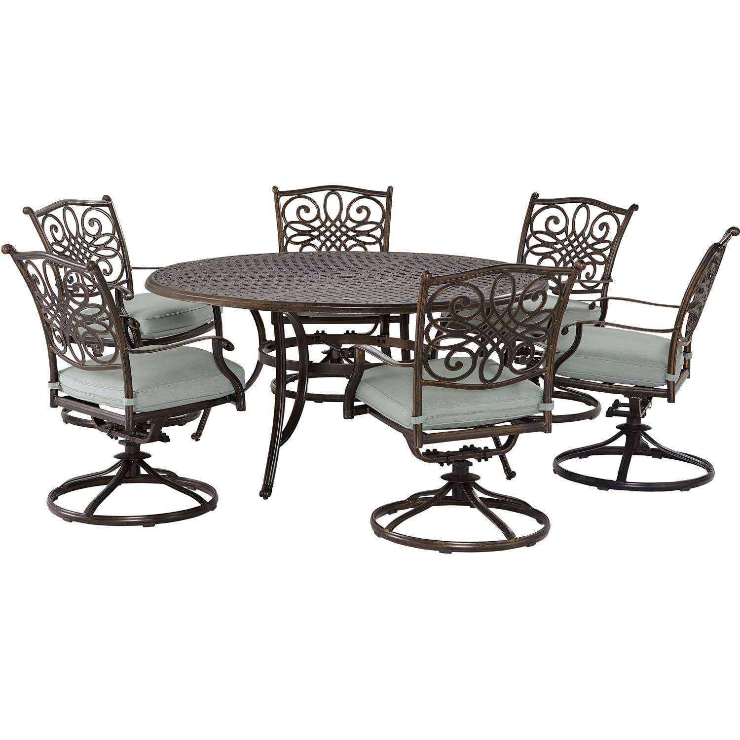 Hanover Renditions 7 Piece Outdoor Dining Set with Sunbrella® Fabric and Elegant 60" Round Patio Table with 6 Comfortable Swivel Chairs and Rust, UV, and Weather-Resistant Aluminum Frames in Mist